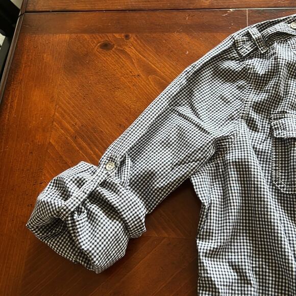 Navy Blue & White Gingham Check Blouse Woman Size Medium Preppy Button Up - Picture 6 of 8